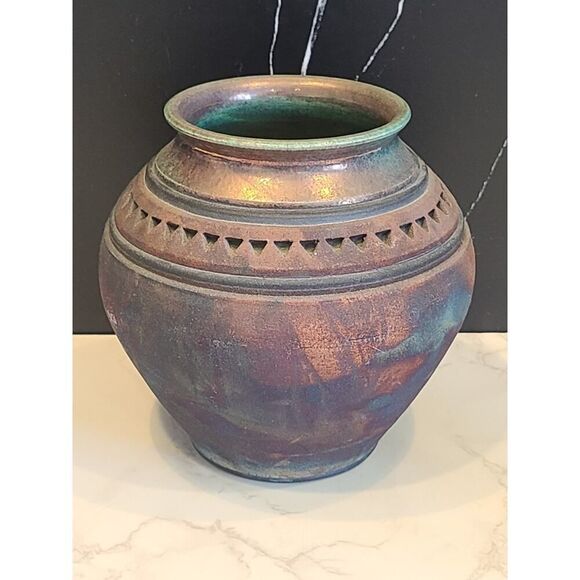 John Melkonian Raku Studio Pottery Vase Incised Triangle Design Signed 2010 EUC - Picture 5 of 16